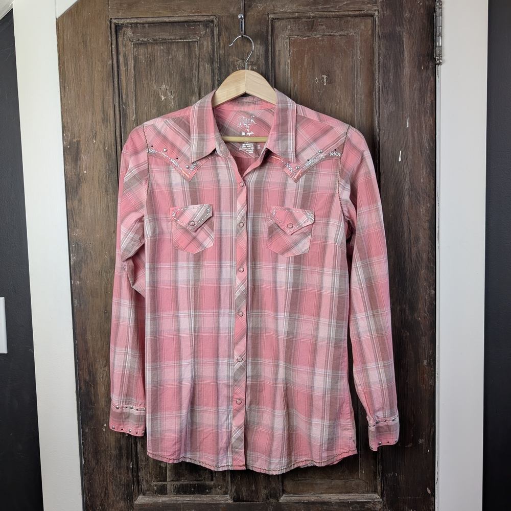Rock 47 by Wrangler Pink Plaid Western Pearl Snap Shirt | Glam Rodeo Y2K | Large
